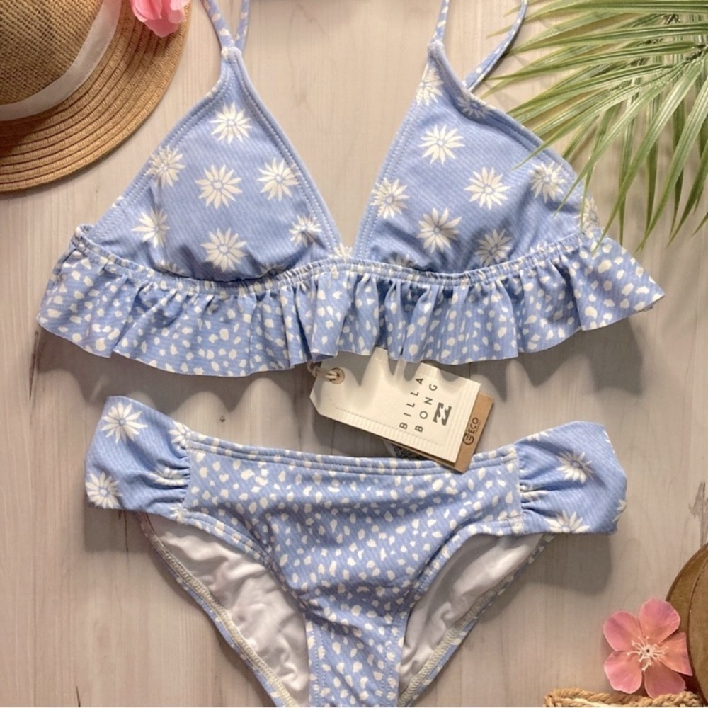 Billabong Girls' Where to Ruffle Floral Tri Baby Blue Bikini Set